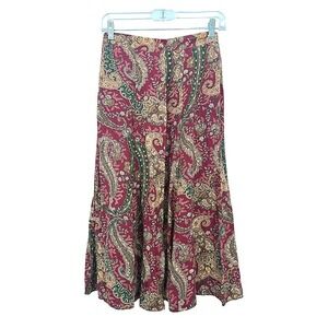 Koret Midi Skirt Aline Paisley Floral Burgundy Boho Chic Cottage Core Earthy SM*